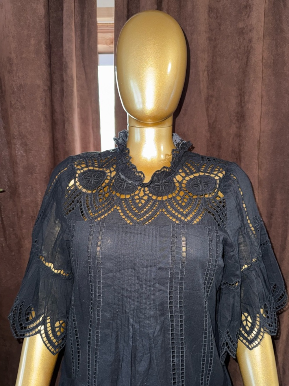 Johnny Was Black Crochet Yoke Short Sleeve Midi Dress